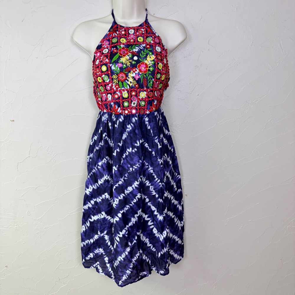 America Beyond Boho Halter Dress Womens Small Eco Floral Embroidered Boho Indie